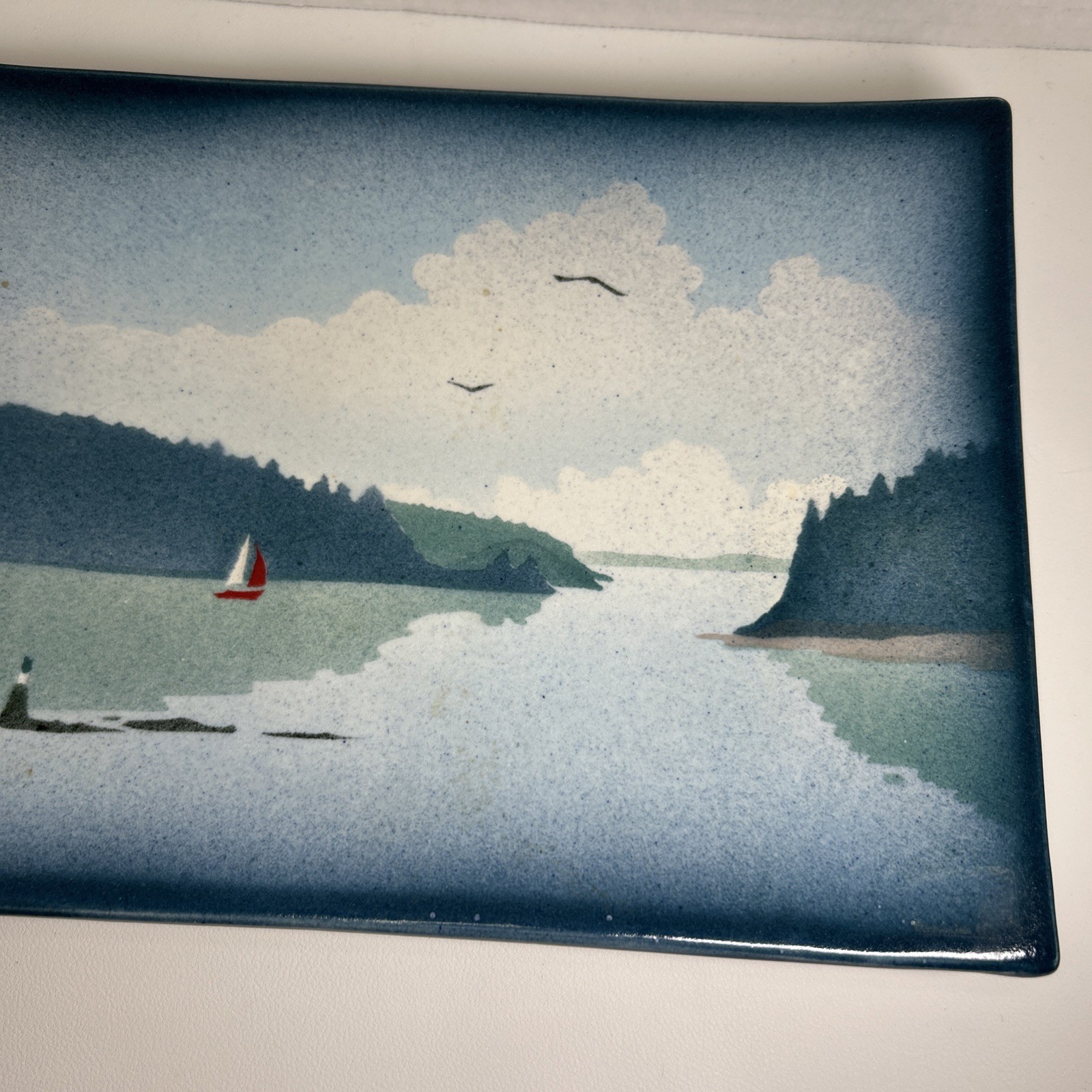 Alan Grout Stuido Pottery Blue Seascape Sailboat Wall Plaque / Sushi Tray 10×7″