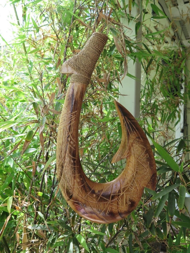 Handmade Tribal Hawaiian Wall Decor Plaque Solid Wood Engraved Hawaii Fish Hook