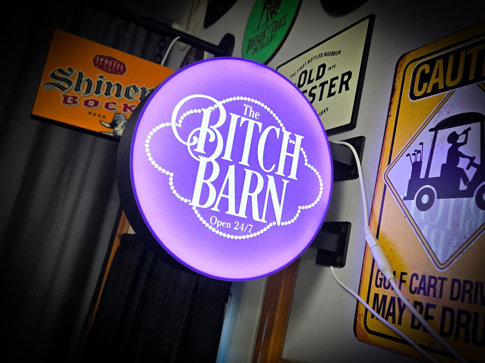 The Bitch Barn LED Lightbox Sign 3D Printed Round Wall Mount Man Cave