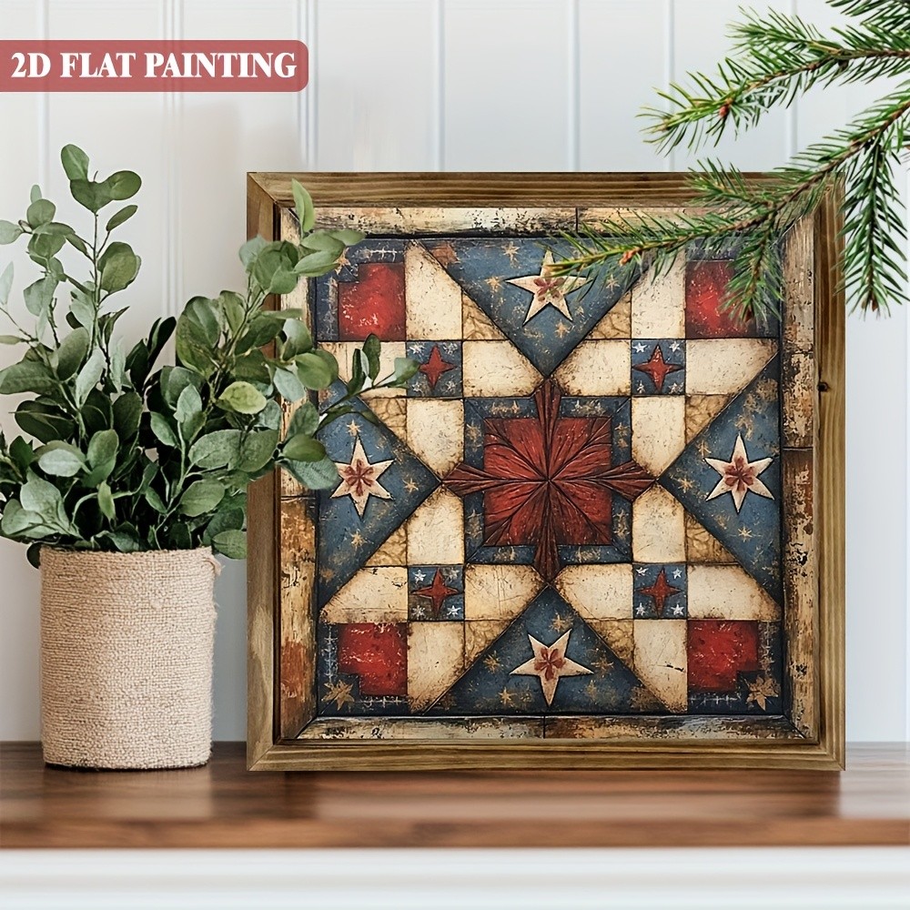 Vintage Patriotic Star Quilt Pattern Wall Art, Farmhouse Home Decor