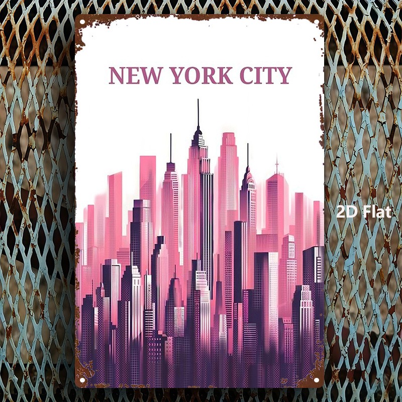 2D Flat, 1pc, Metal Sign, New York City Skyline Pink, Vintage Wall Art for Home