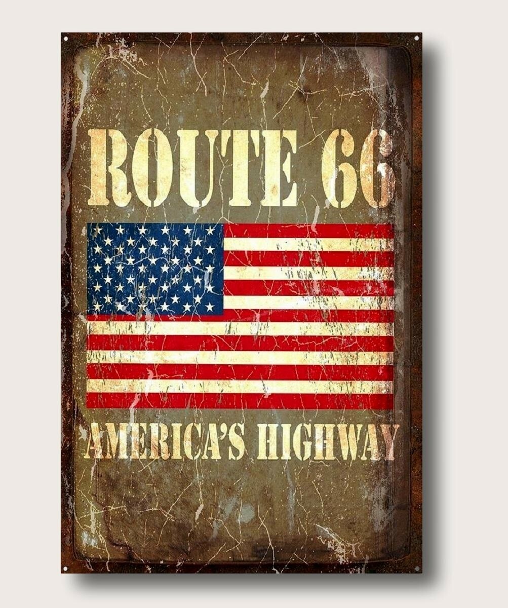 Distressed American Flag Route 66 Highway Metal Wall Sign Bar Decor 16″L x 12″W