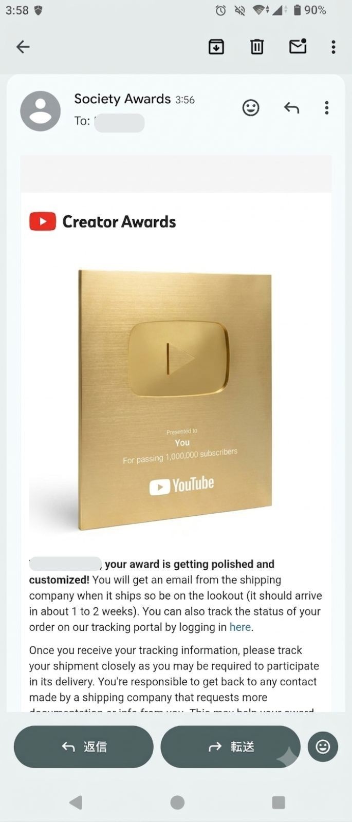 Buy Genuine YouTube 1 Million Golden Plaque Awards with Custom Name Engraving