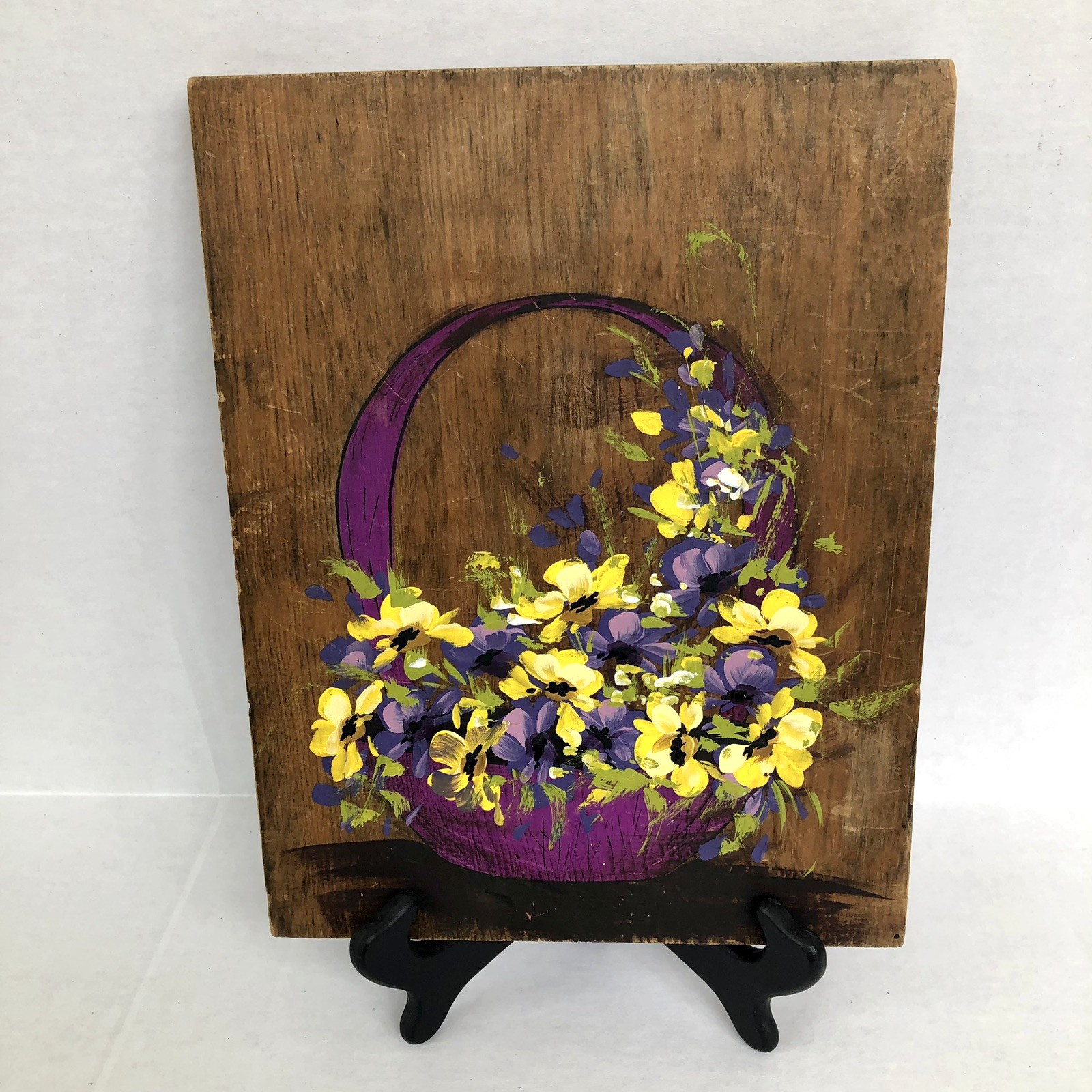 Hand Painted purple yellow Pansies Violets Reclaimed Wood Farmhouse Rustic Cabin