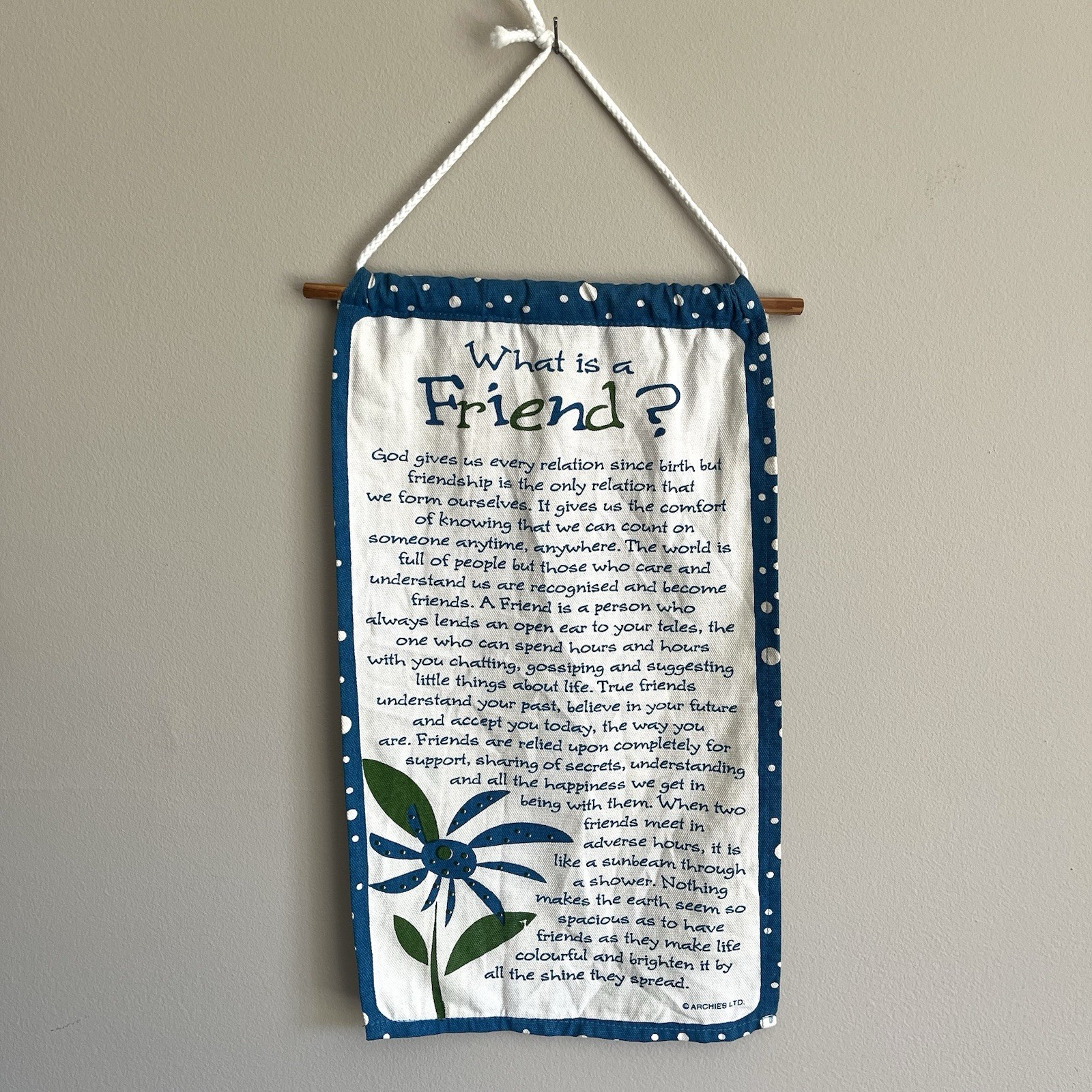 Archies Friendship Fabric Wall Hanging Blue Floral Polka Dot Boho Rustic