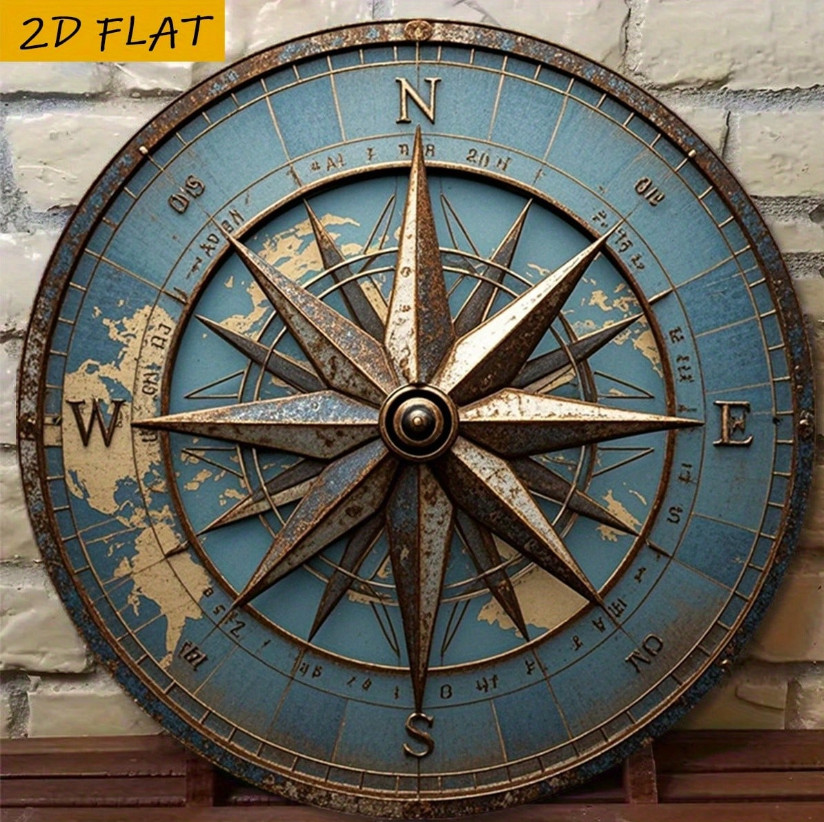 Vintage Compass Metal Sign Nautical Wall Decor 8″ Round Aluminum Plaque
