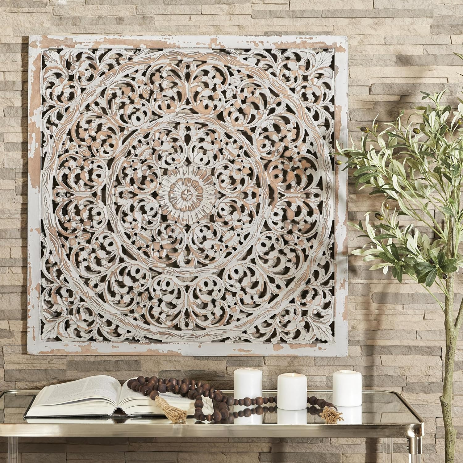 Handmade Wooden Floral Mandala Wall Art – 36″ Gray with Brown Distressing