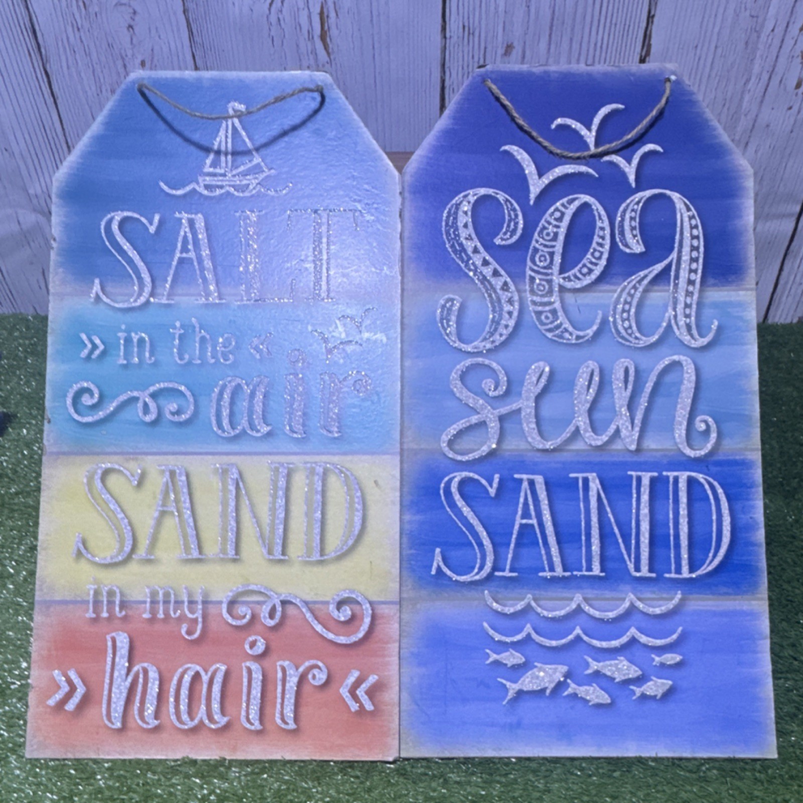 Set of 2 Beach Nautical Wooden Hanging Decorative Sign Plaques – W8”xH15.375