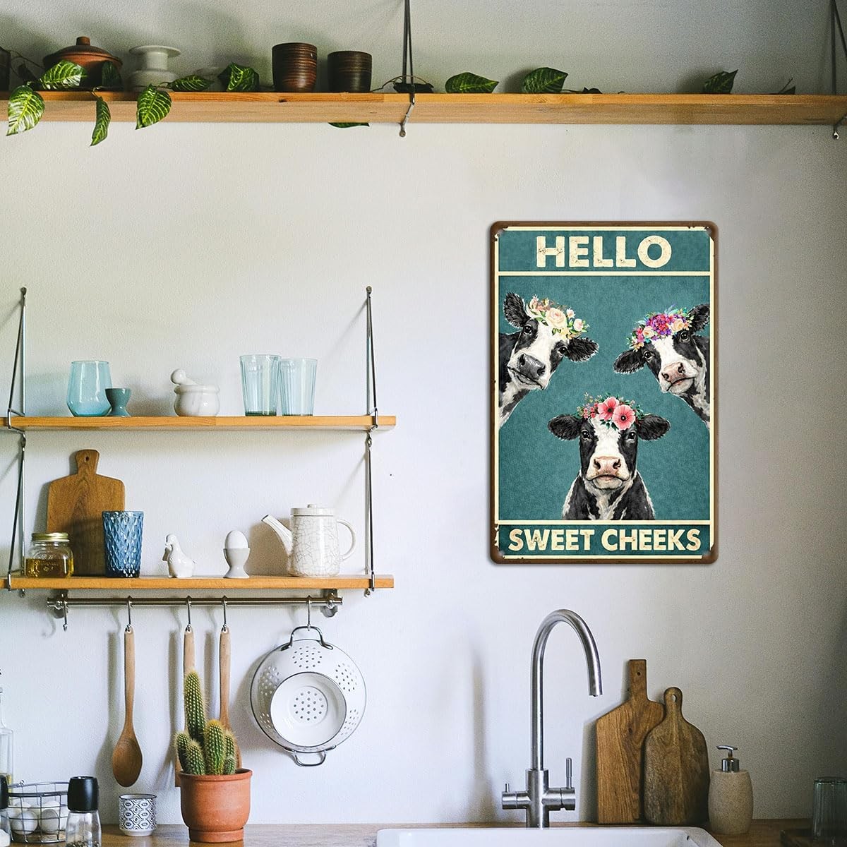 Hello Sweet Cheeks Cow Metal Tin Sign 8×12 Funny Bathroom Farmhouse Wall Decor