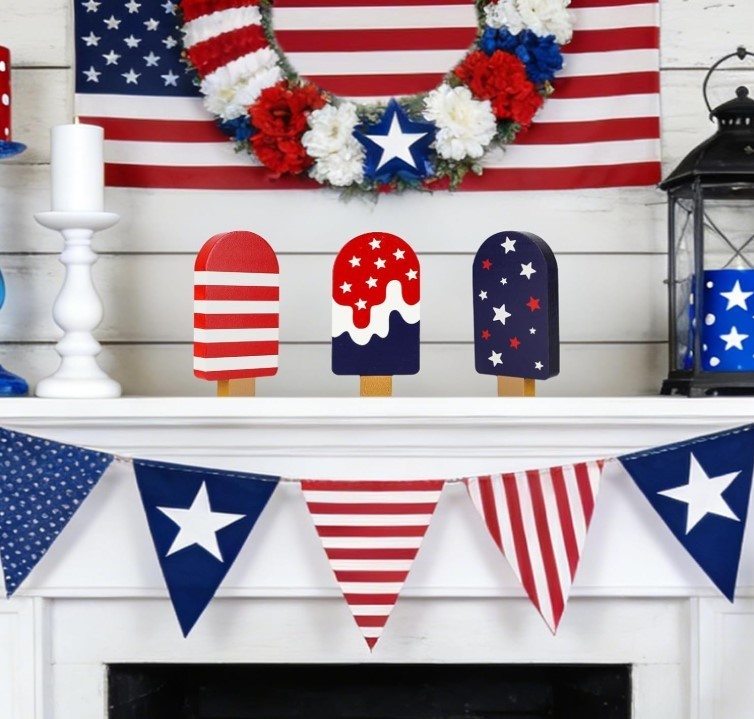 4th of July Decorations 3Pcs Wooden Patriotic Signs Memorial Day Yard Stake