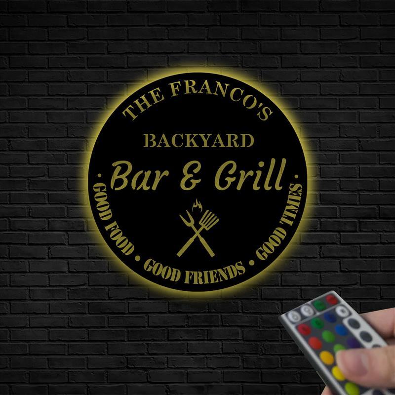 Personalized Grill & Chill Metal Sign With LED Light, Smoker And Grill Wall Art
