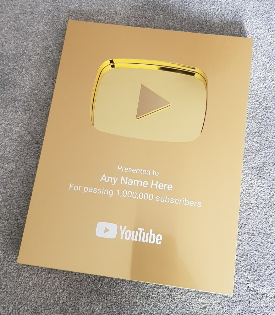 YouTube Play Button Silver Gold Personalised Custom Award Wall Plaque