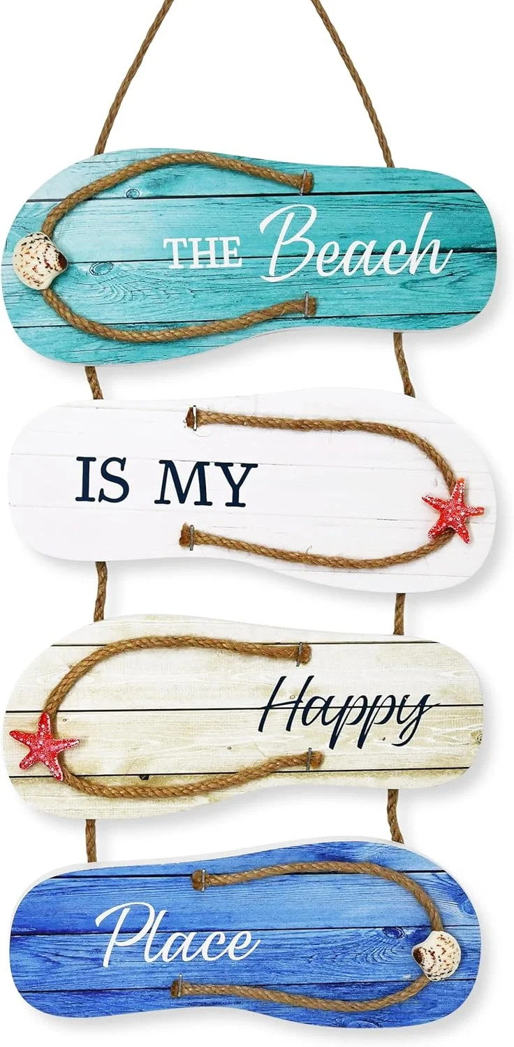 Wooden Flip Flop Beach Decor Sign Nautical Coastal Wood Wall Decor with Rope Han