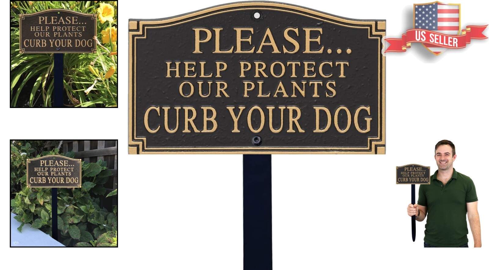Durable Black & Gold ‘Curb Your Dog’ Plant Protection Plaque with 18″ Lawn Stake