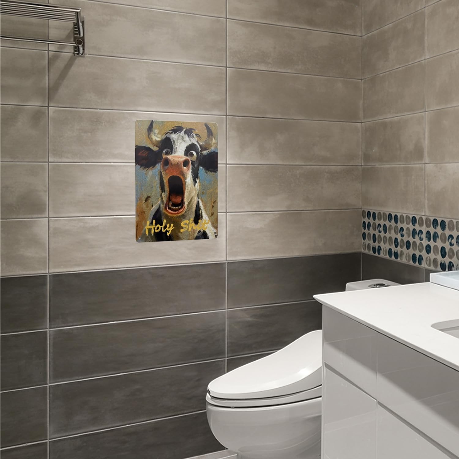 ydaeom Funny Bathroom Decor Tin Signs, Cute Animal Metal Wall 12″L x 8″W, Cow