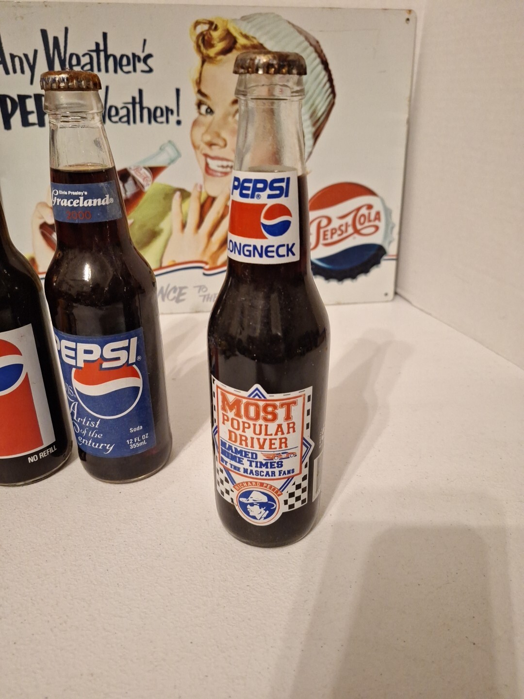lot of Pepsi Vintage 2 Metal Sign, 3 12oz & 5 small bottles,2trucks