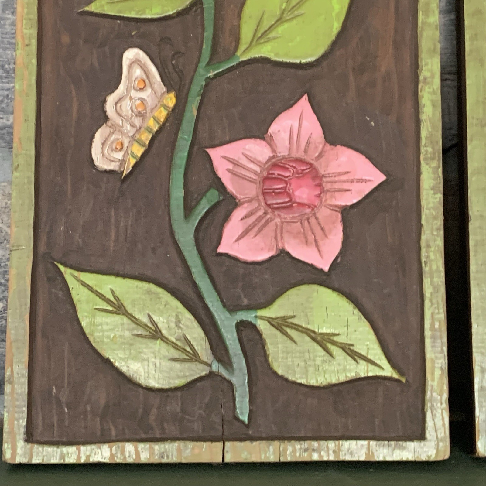 Mexican Folk Art Relief Carved Wood Painted Plaque Flower 12″ Boho