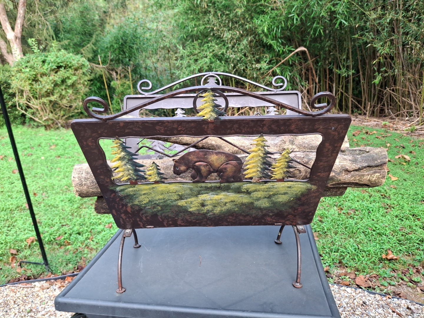 Firewood Carrier Holder Magazine Metal Silhouette Cut Out Bear Trees Cabin Woods