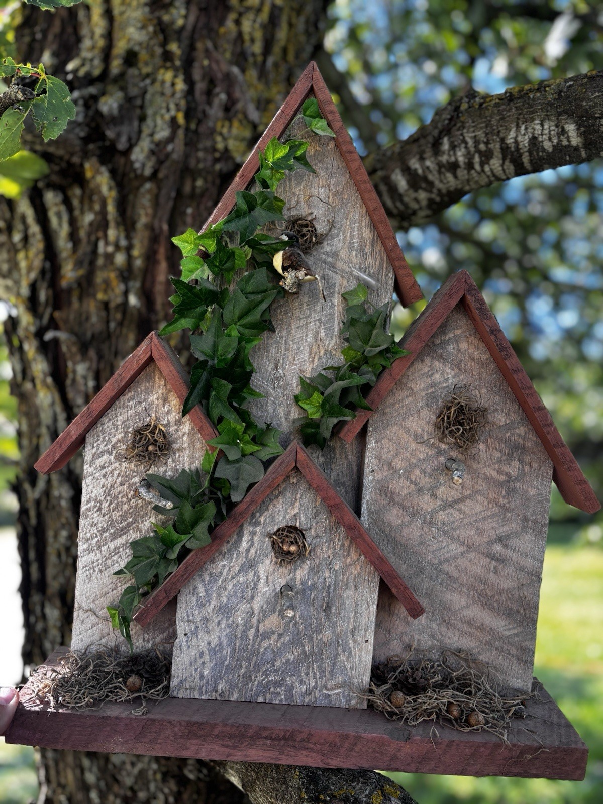 Handcrafted Woodland Village Sculpture Folk Farm Art Lodge Decor Solid Wood