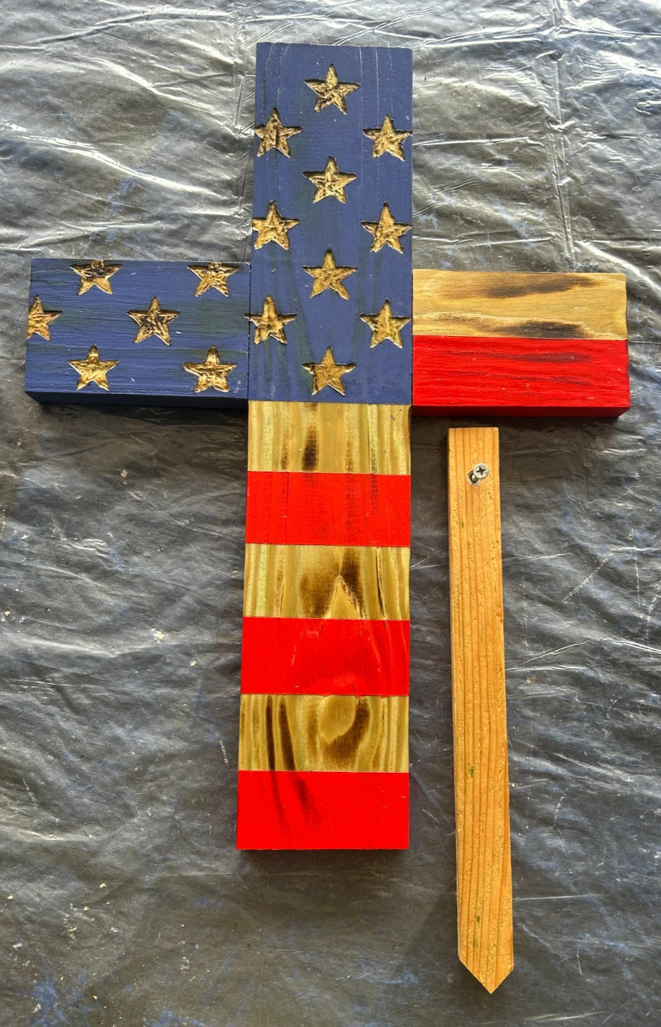 Rustic Handmade American Flag Wooden Cross 17” Wall or Yard Memorial Patriotic