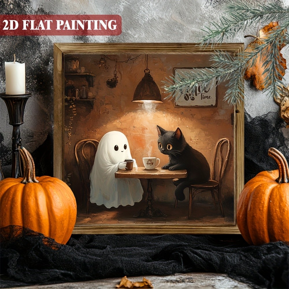 Halloween Ghost Black Cat Coffee Fall Maple Wooden Sign Farmhouse Home Decor
