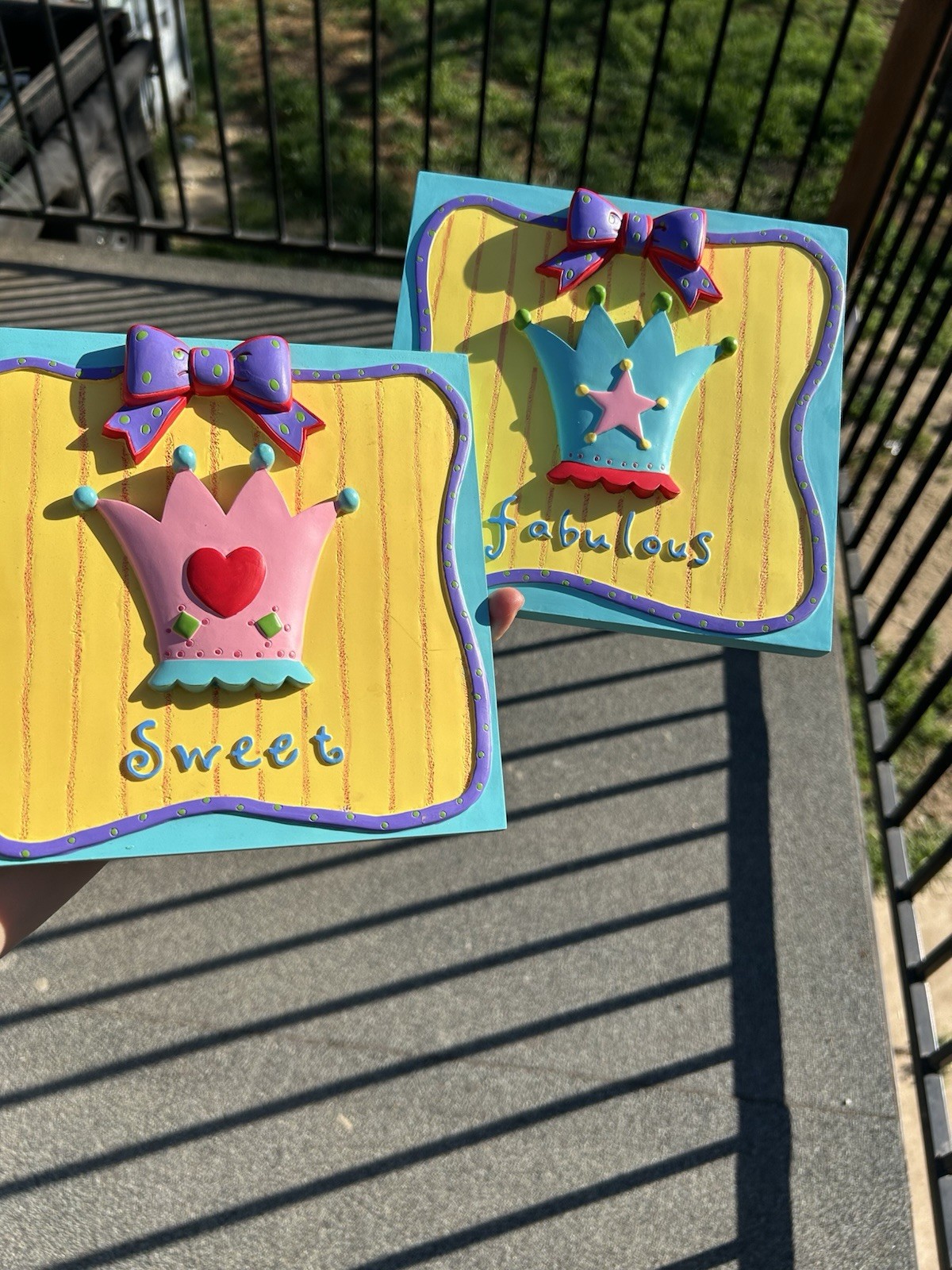 Set of 2 Whimsical Multicolor Crown Decorative Wall Plaques for Kids