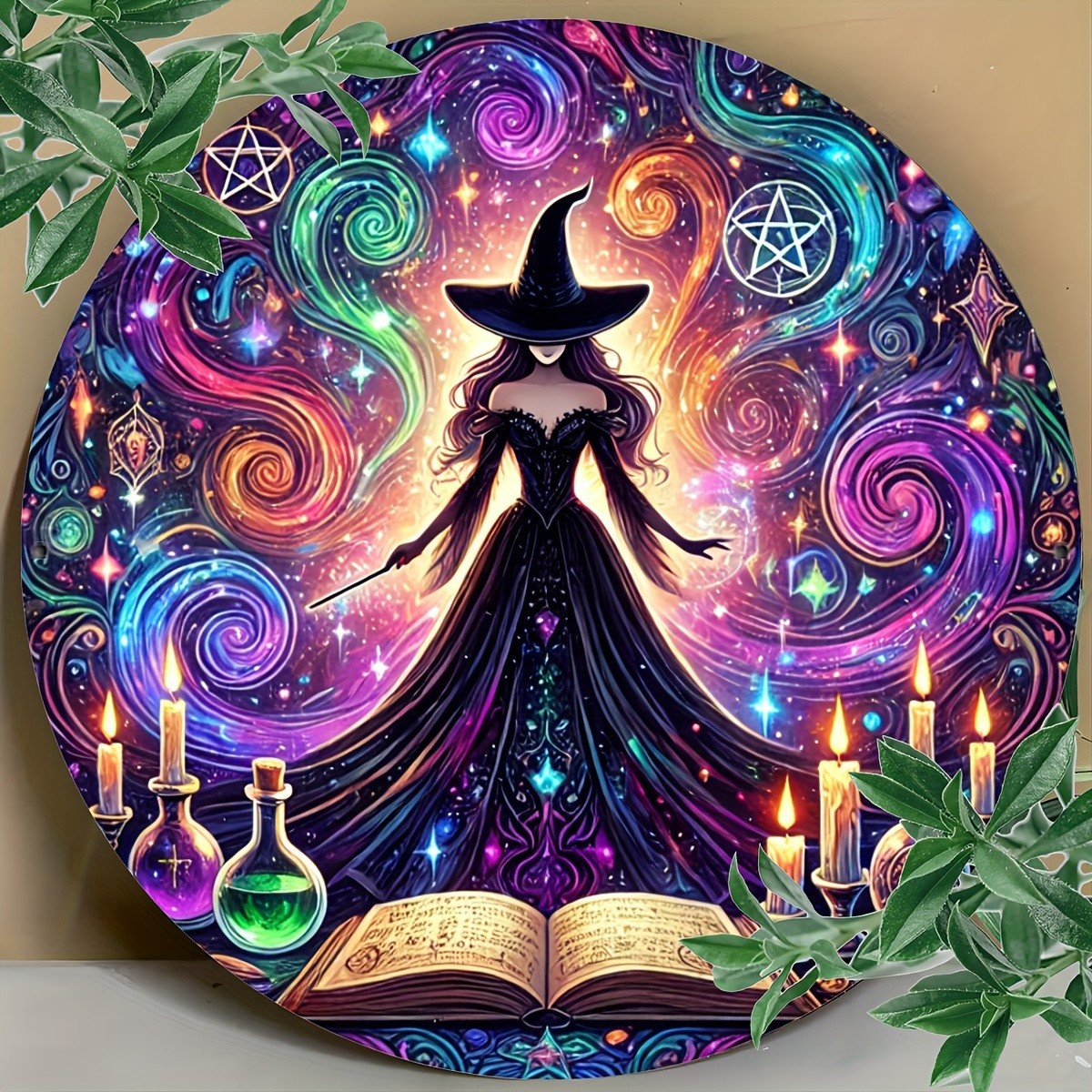 Tin Metal Signs 8x8inch Aluminum Witch Theme 2D Wall Art, 1pc Foil Engraving Wit