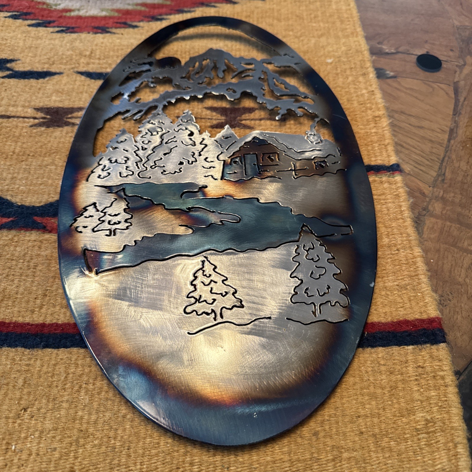 16” Cabin River Metal Trees Wall Art Decor Mountain Pinetree Scene Ready To Hang