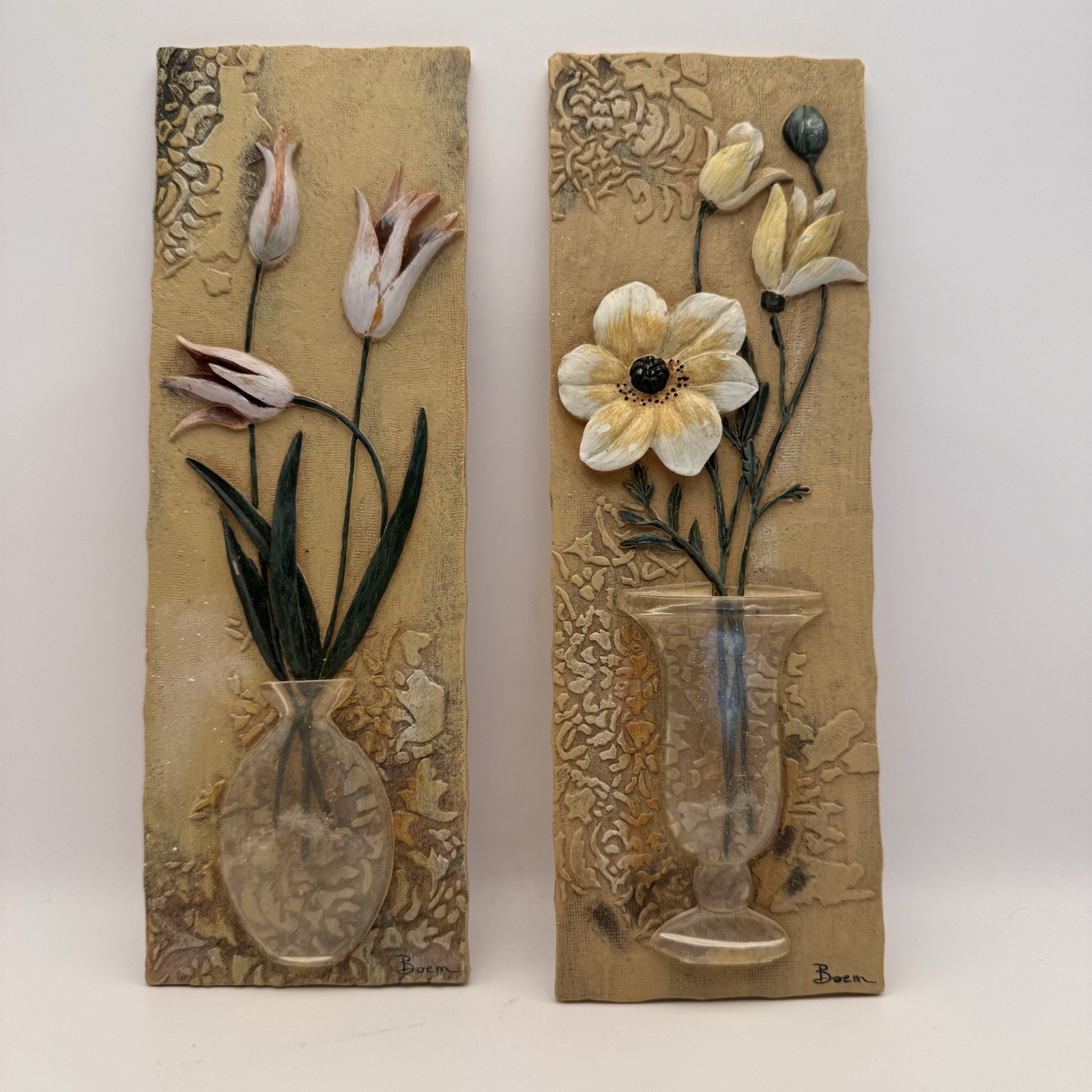 Vintage Signed Boem Flowers In A Vase 3D Wall Hangings Art Deco Plaques Set Of 2