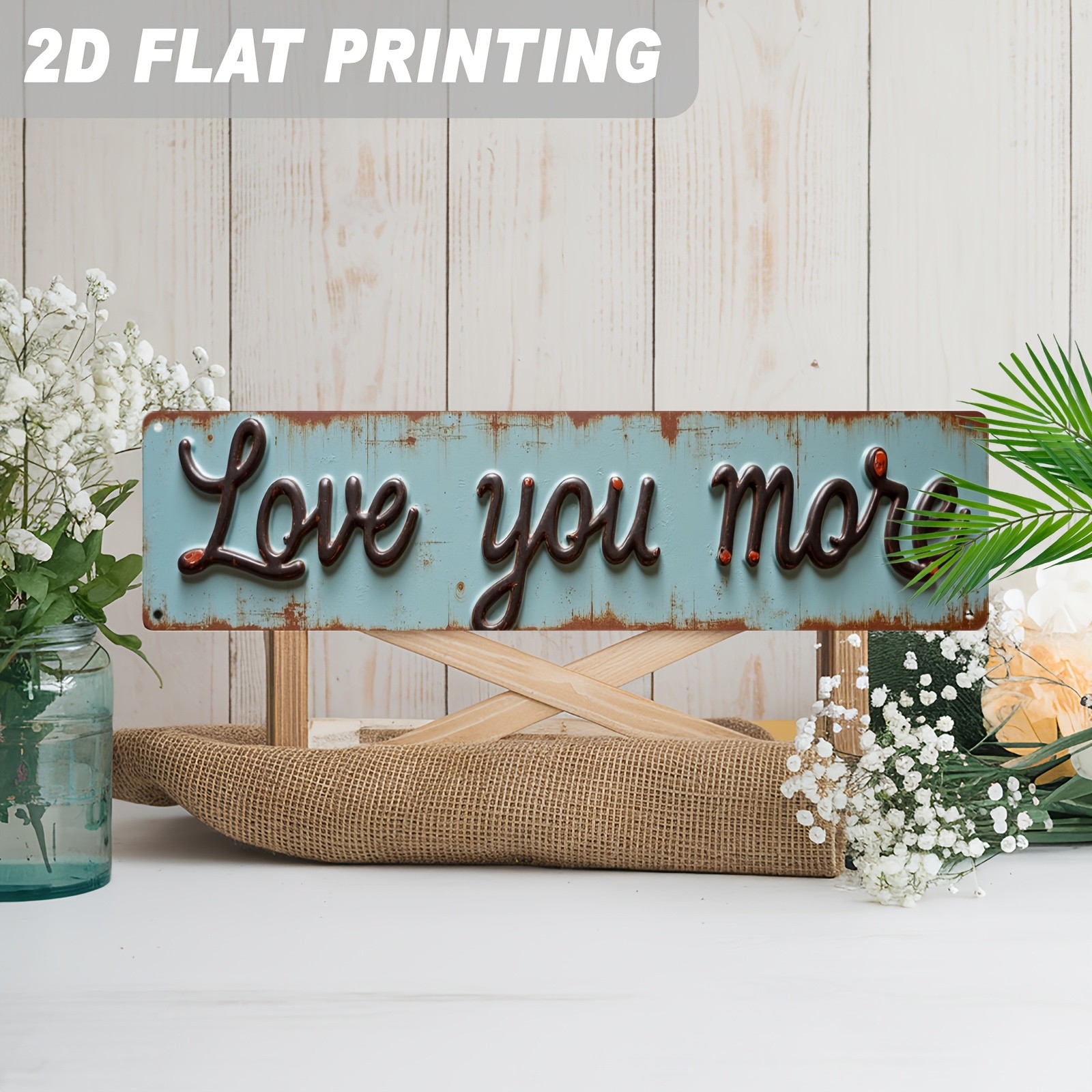 Love You More Cursive Metal Sign Distressed Blue Rustic Wedding Wall Decoration