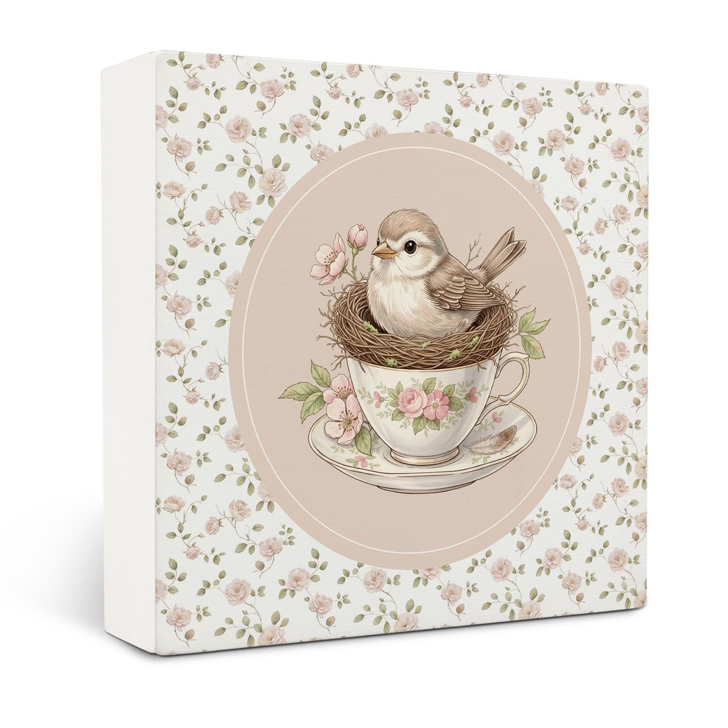 Flower Bird Wooden Box Sign Desk Decor, Rustic Bird Nest Teacup Wood Block Si…