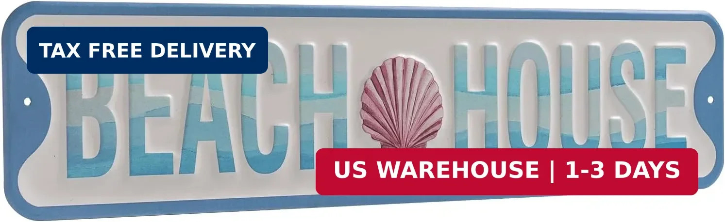 Metal Beach House Sign, 16×4 Inch Coastal Themed Wall Decor, Beachy Wall Art Roo