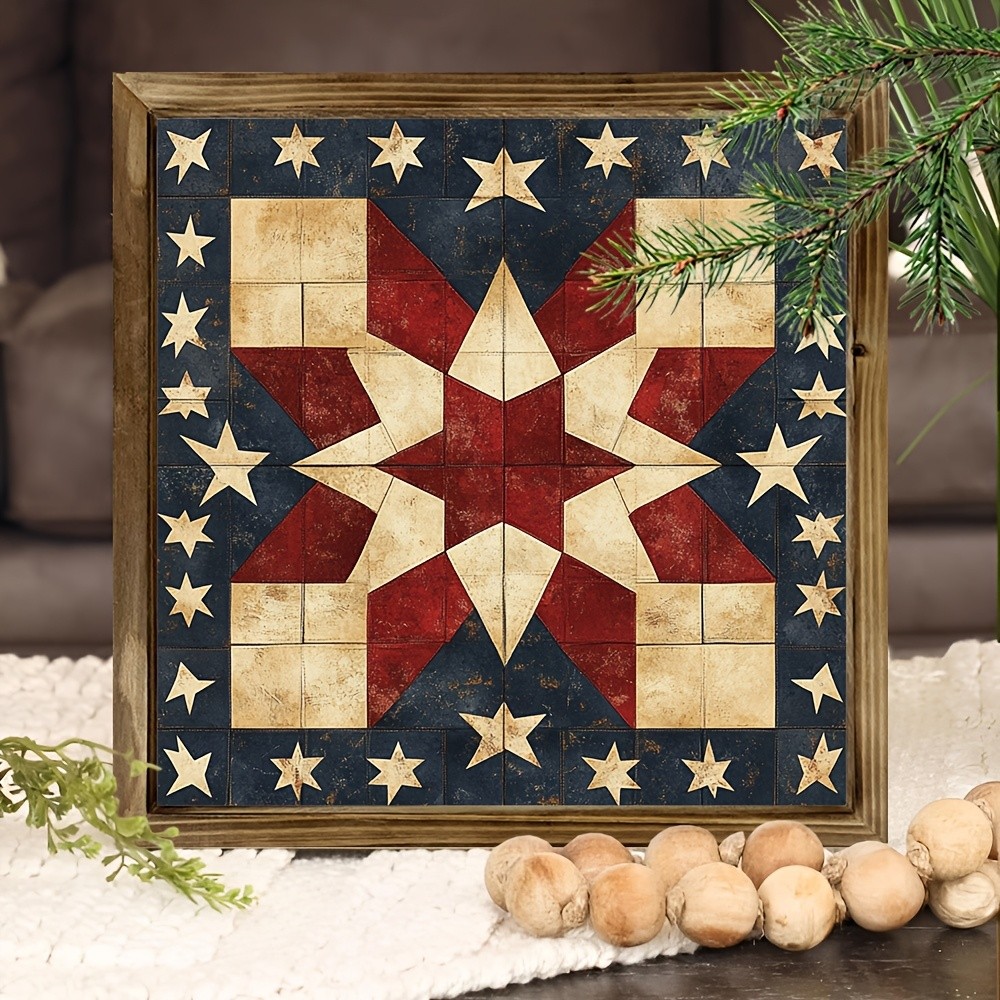 Vintage Star Quilt Flag Wooden Plaque Patriotic Farmhouse American Home Decor