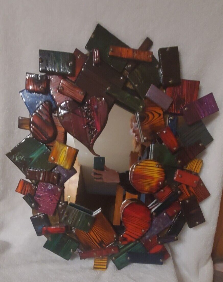 One-of-a-kind, handmade, colorful wooden wall art with mirror.