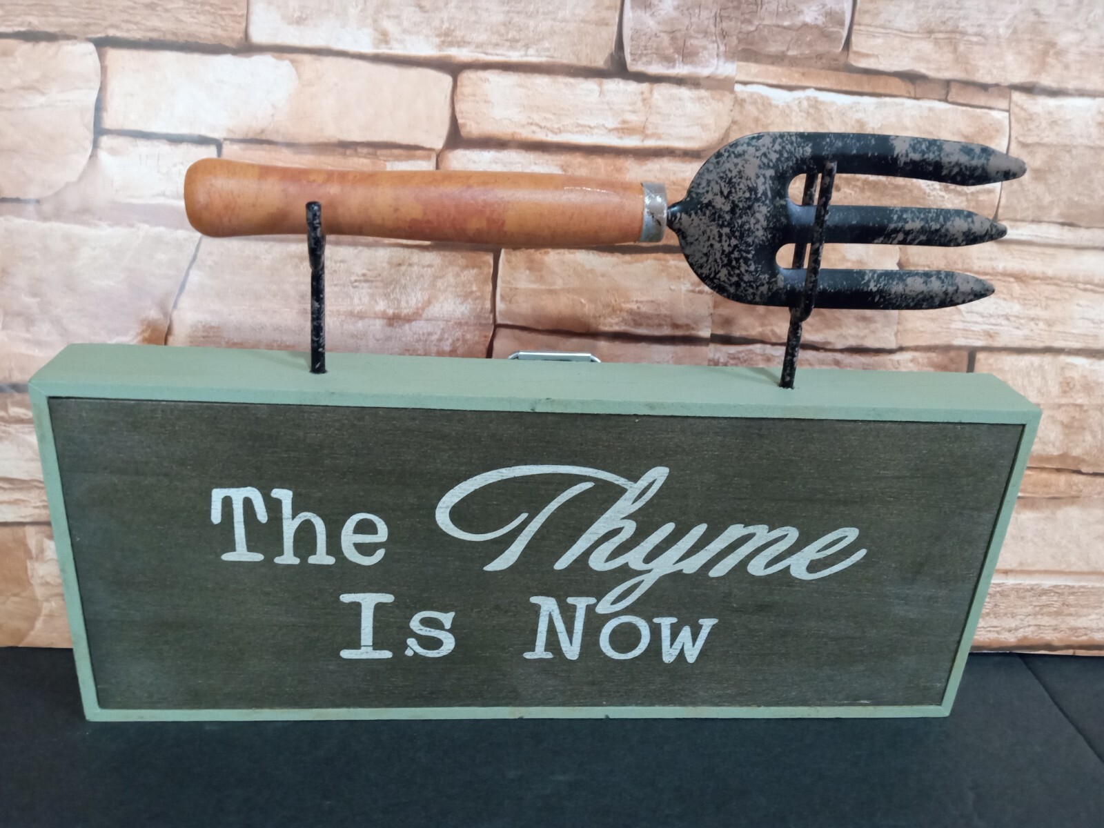 Nature’s Haven Herb Garden Rake Sign “The Thyme is Now” Porch Wall Decor Wood