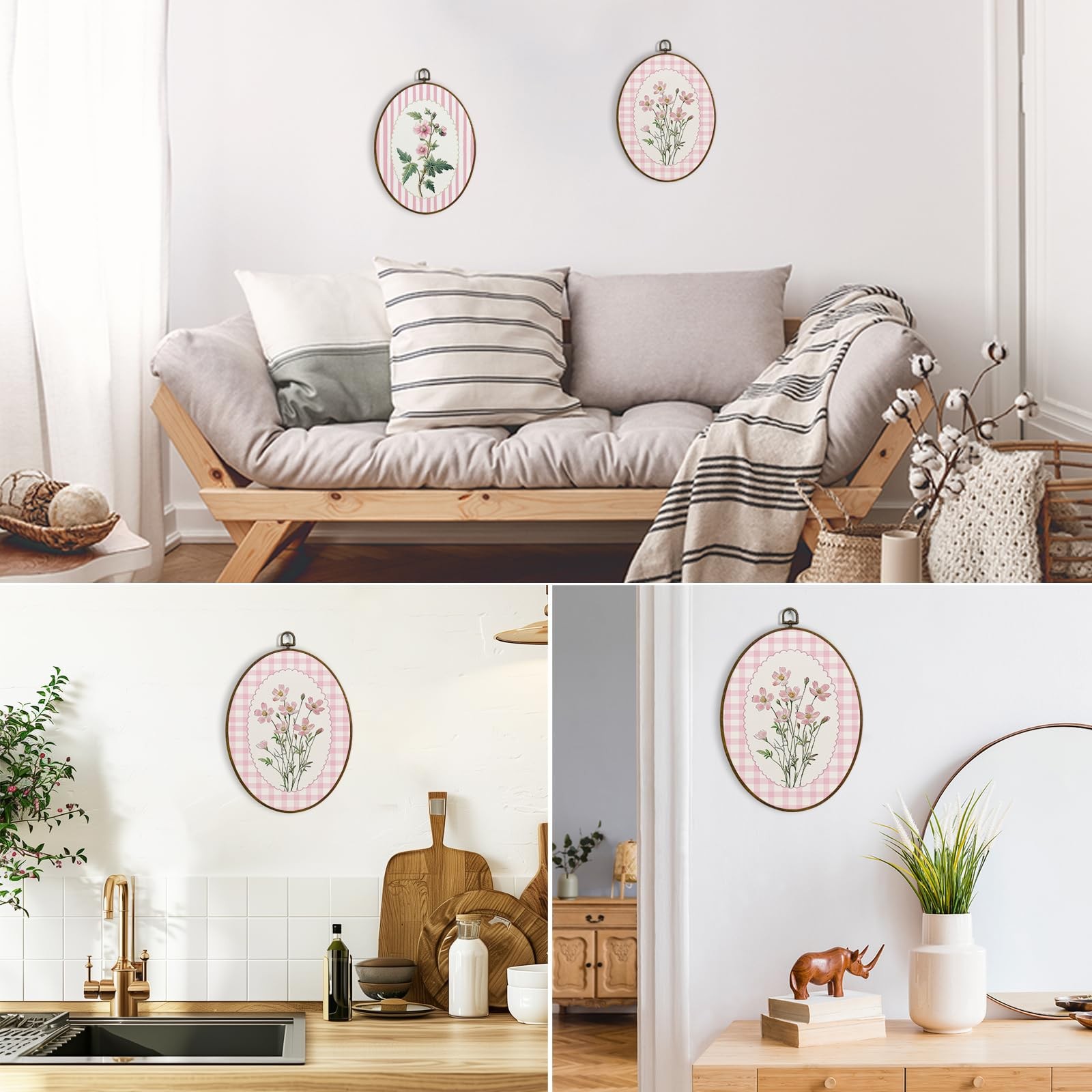 Pink Grandmillennial Floral Oval Wall Art Decor, Preppy Cottagecore Flower Fr…