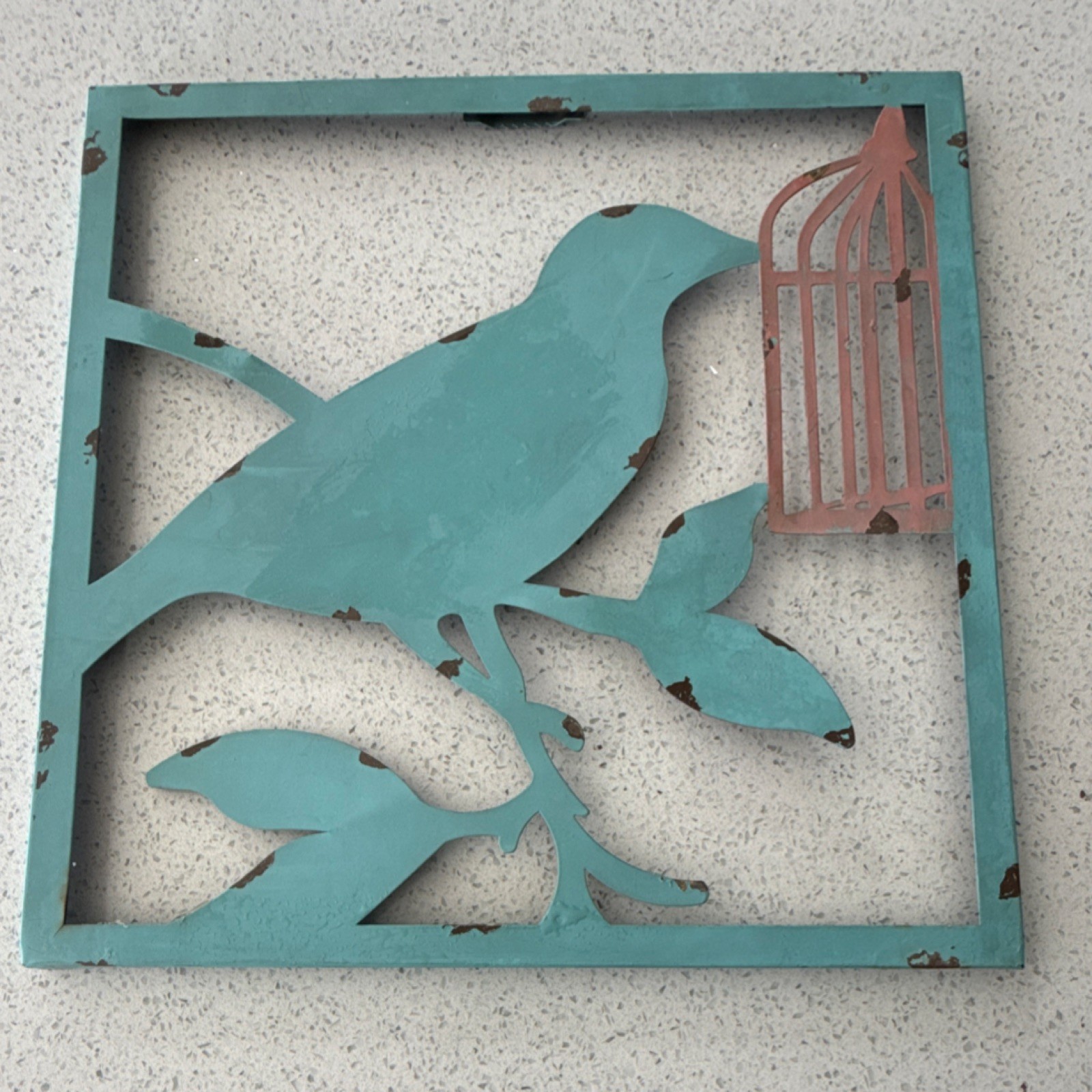 Metal Bird Cage Square Plaque Turquoise Brown Red Rustic Nature Hanging Decor