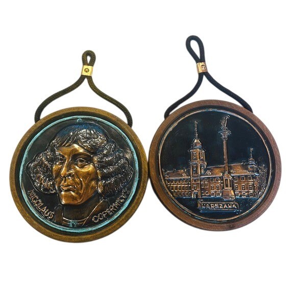 Vintage Polish Copper Relief Wall Plaques Nicolaus Copernicus & Warszawa Set 2