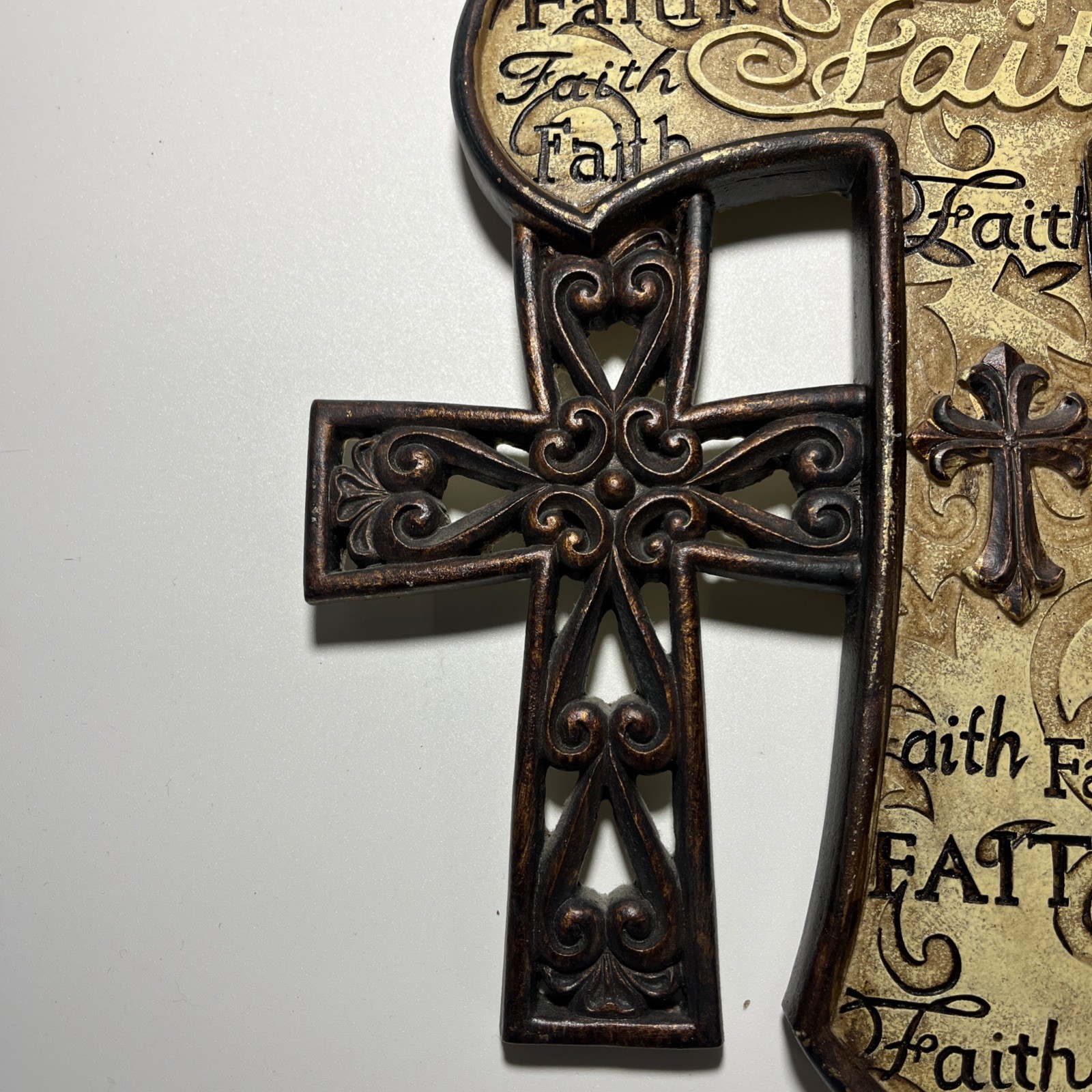 Ceramic Beige & Brown Faith Cross Christian Religious Rustic Wall Art Decor