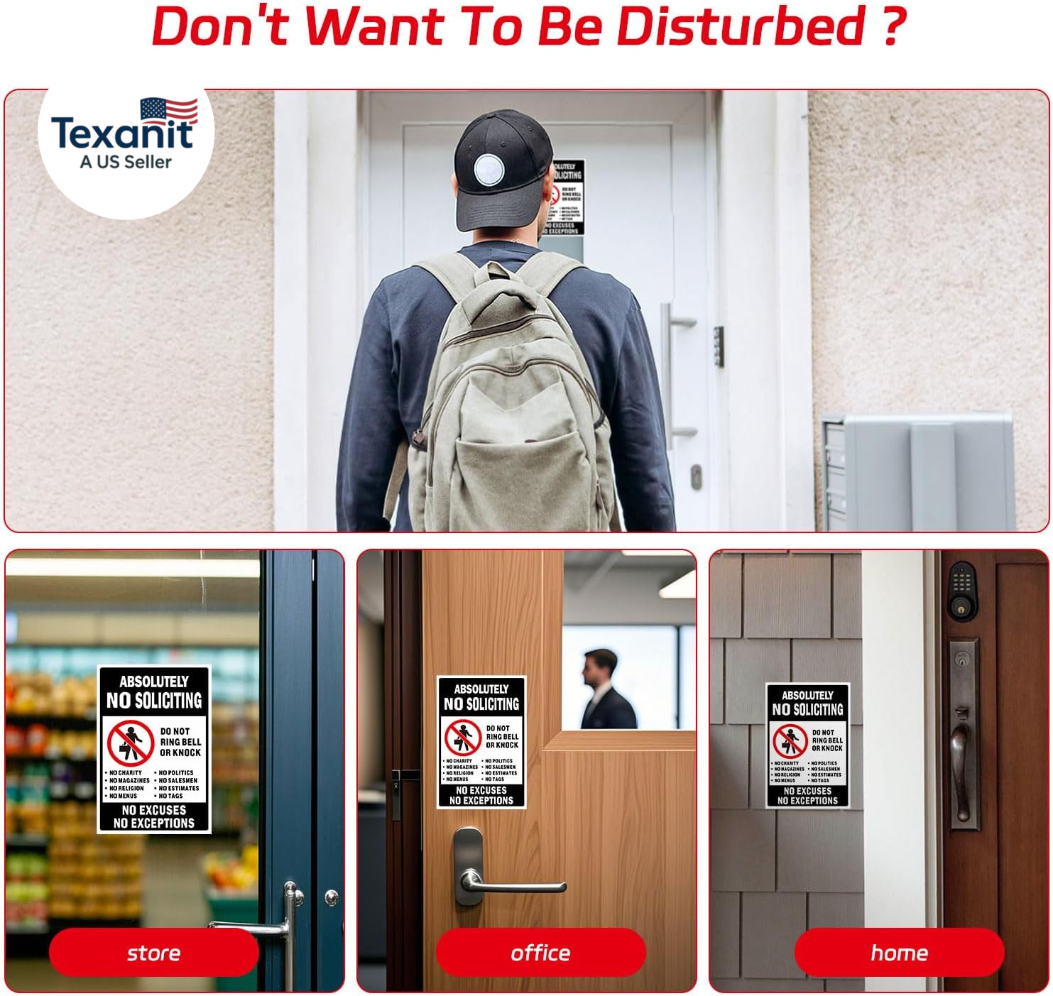 No Soliciting Sign for Front Door, 3 Pack 6X4 Inch Reflective Vinyl Stickers for