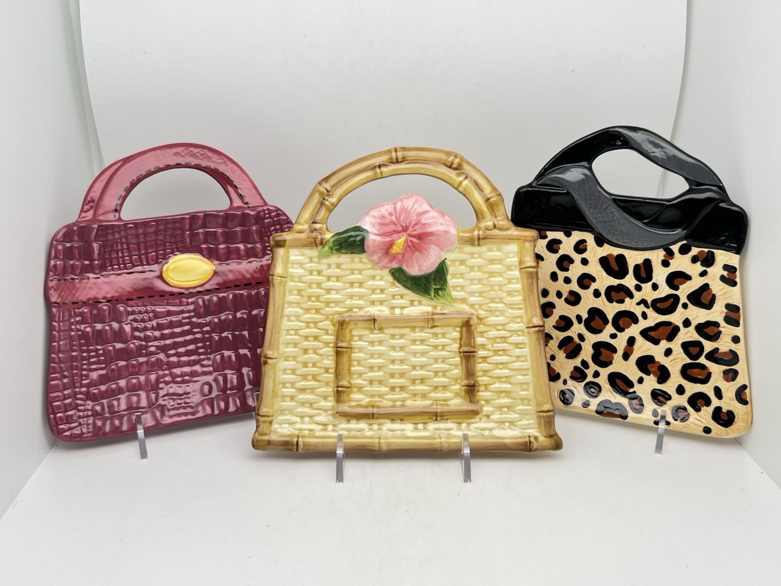 Boston Warehouse Wall Hanging Purse Plates Set Of 3 Rattan Croc Leopard Ceramic