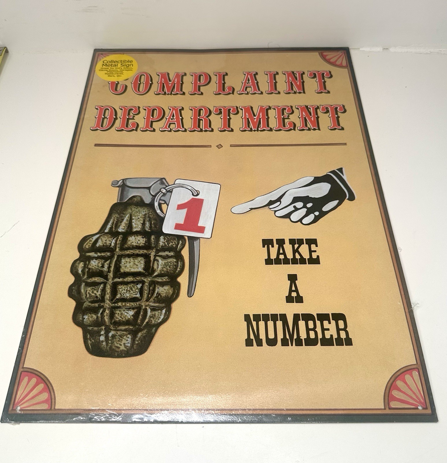 SEALED VINTAGE COMPLAINT DEPARTMENT TAKE A NUMBER FUN METAL TIN SIGN 17.5”X12.5”