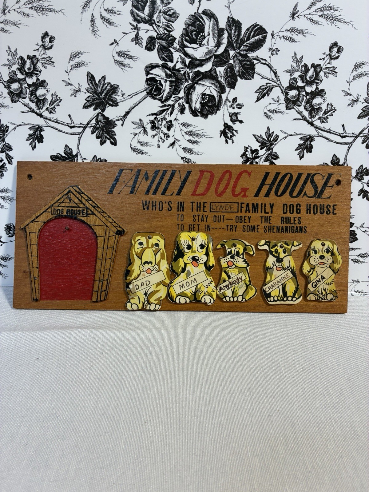 Nostalgic Used ‘Family Dog House’ Wall Plaque with Flaws & Writing on it ~ Dogs