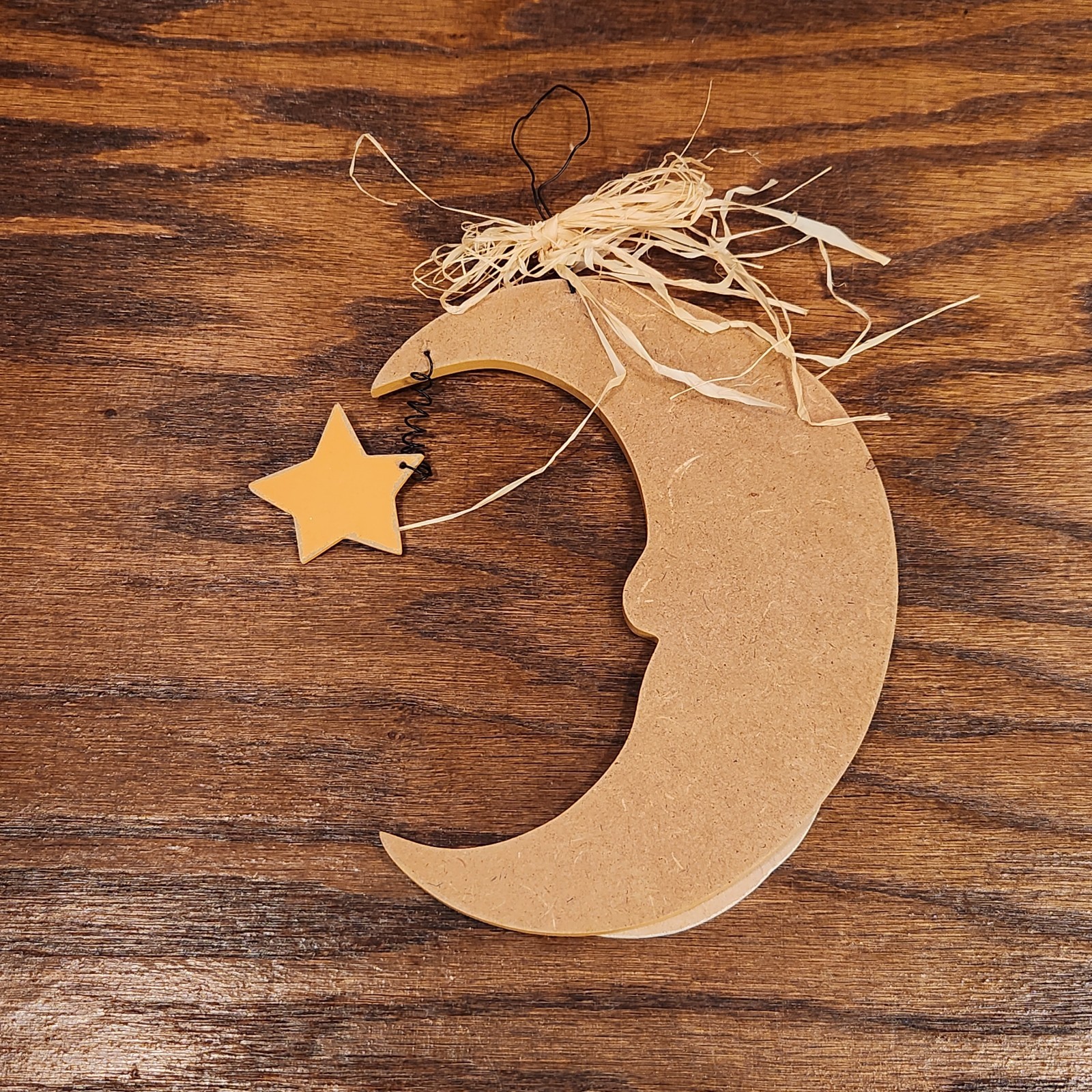 Crescent Moon Face & Star Yellow Light Wooden Hanging Wall Decor Celestial Space