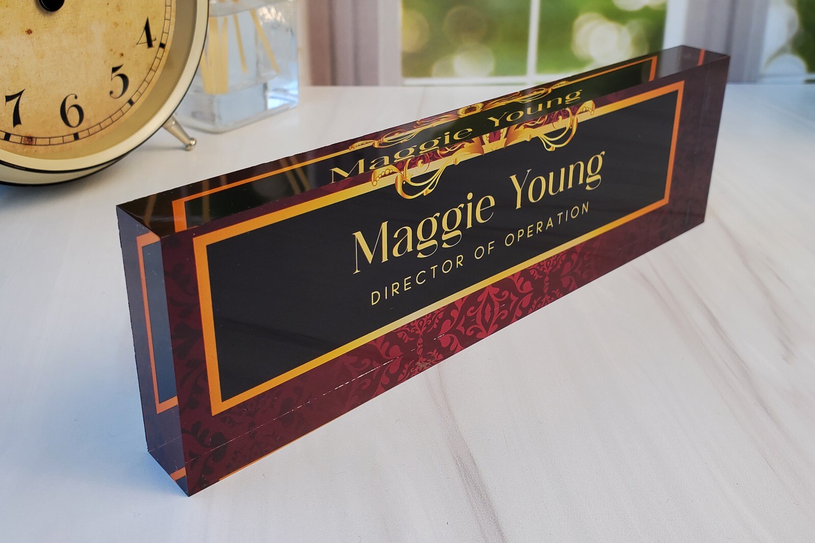 Personalized Clear Acrylic Plaque Name Plate for Desk Executive Damask CAB36DM