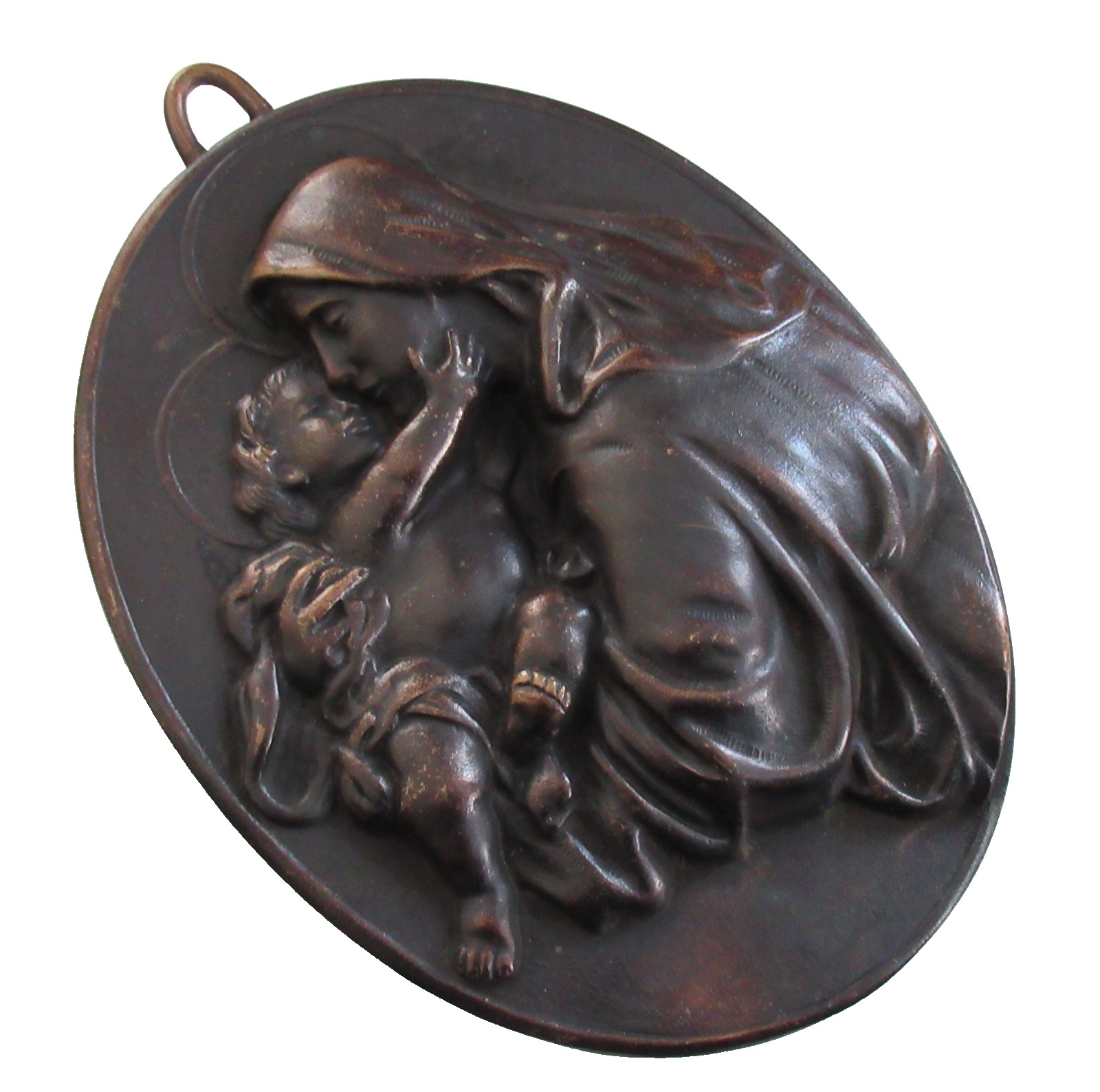 Vintage Bronze BVM Virgin Mary Baby Jesus Madonna Child Wall Art Plaque Brass