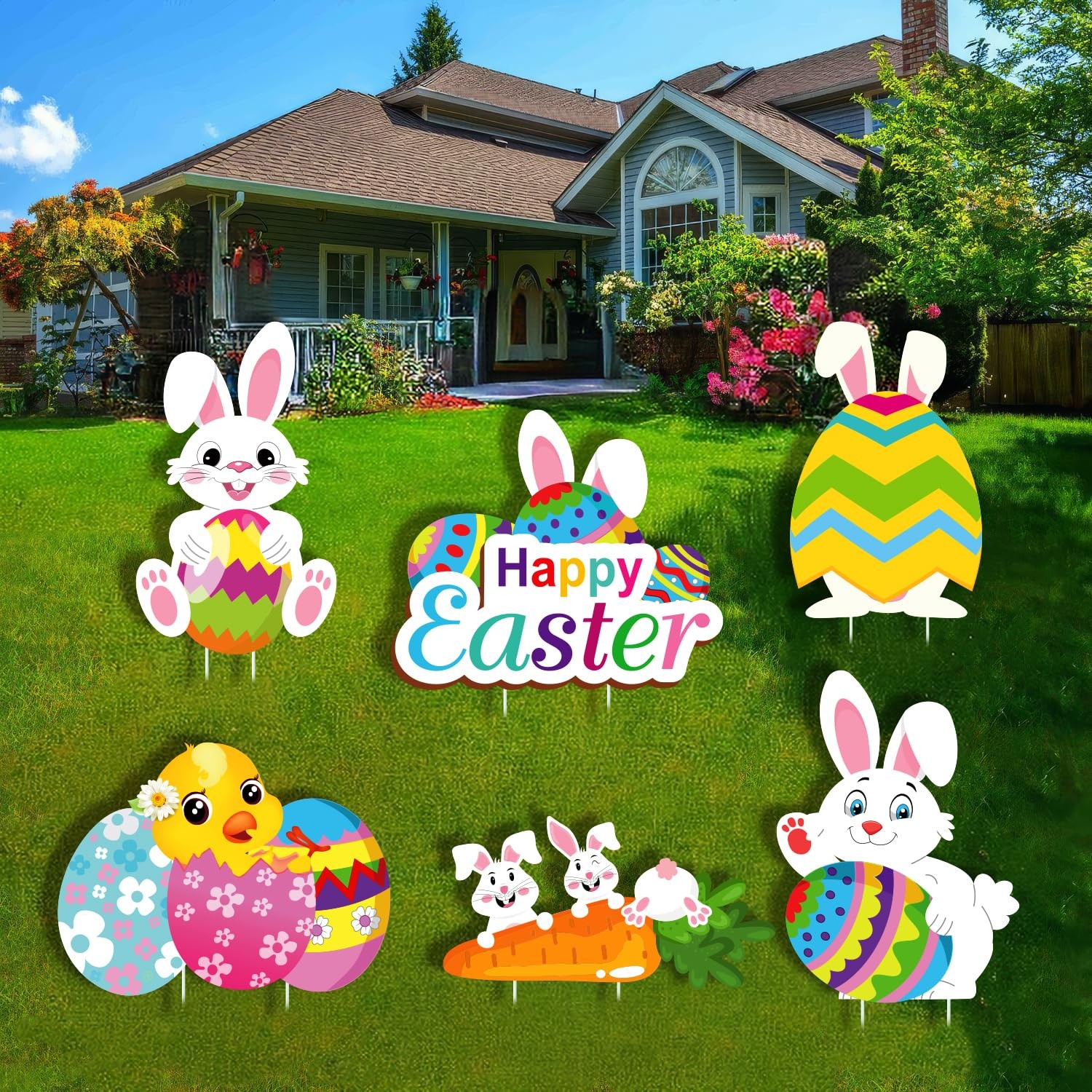 15 Inch Colorful Easter Yard Sign Cute Bunny Chick Egg Stakes Decor 6 PCS