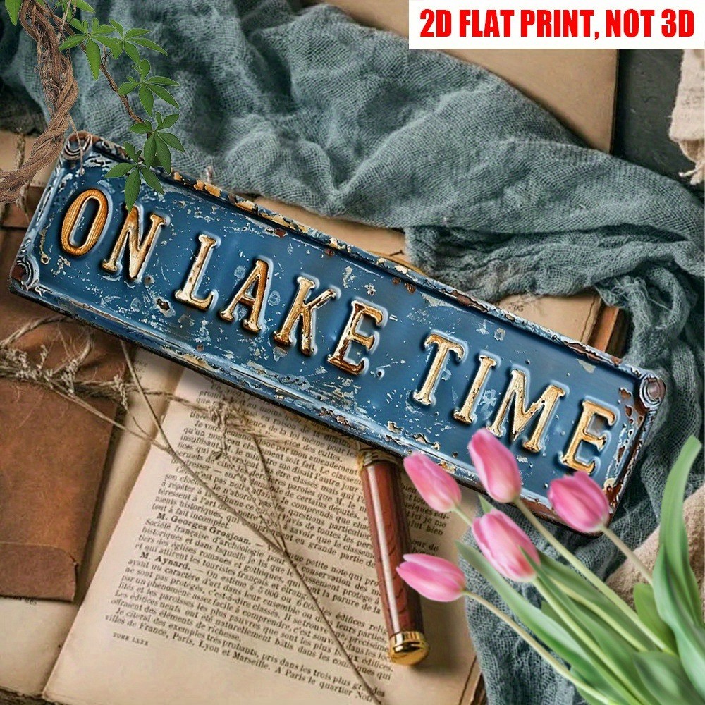 Vintage On Lake Time Wall Decor Street Sign Lakehouse Rustic Metal Tin Sign 16×4