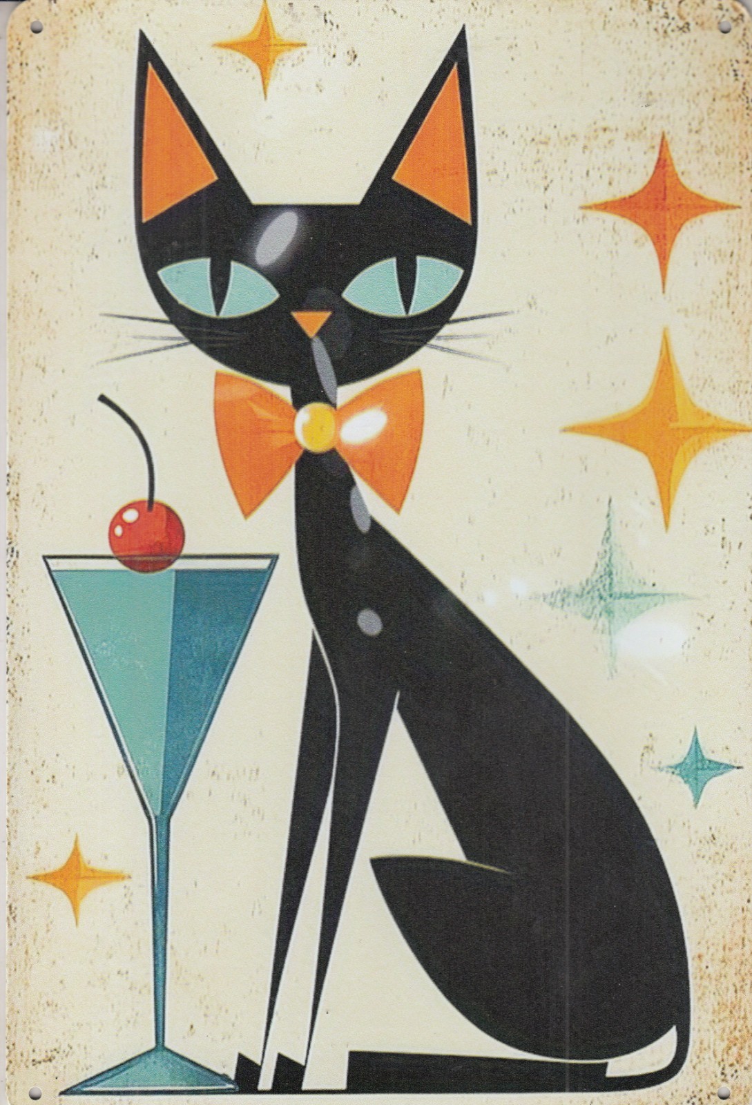 Cool Black Cat W/ Martini- Metal Tin Wall Sign 12 X 8 – MCM Modern Atomic