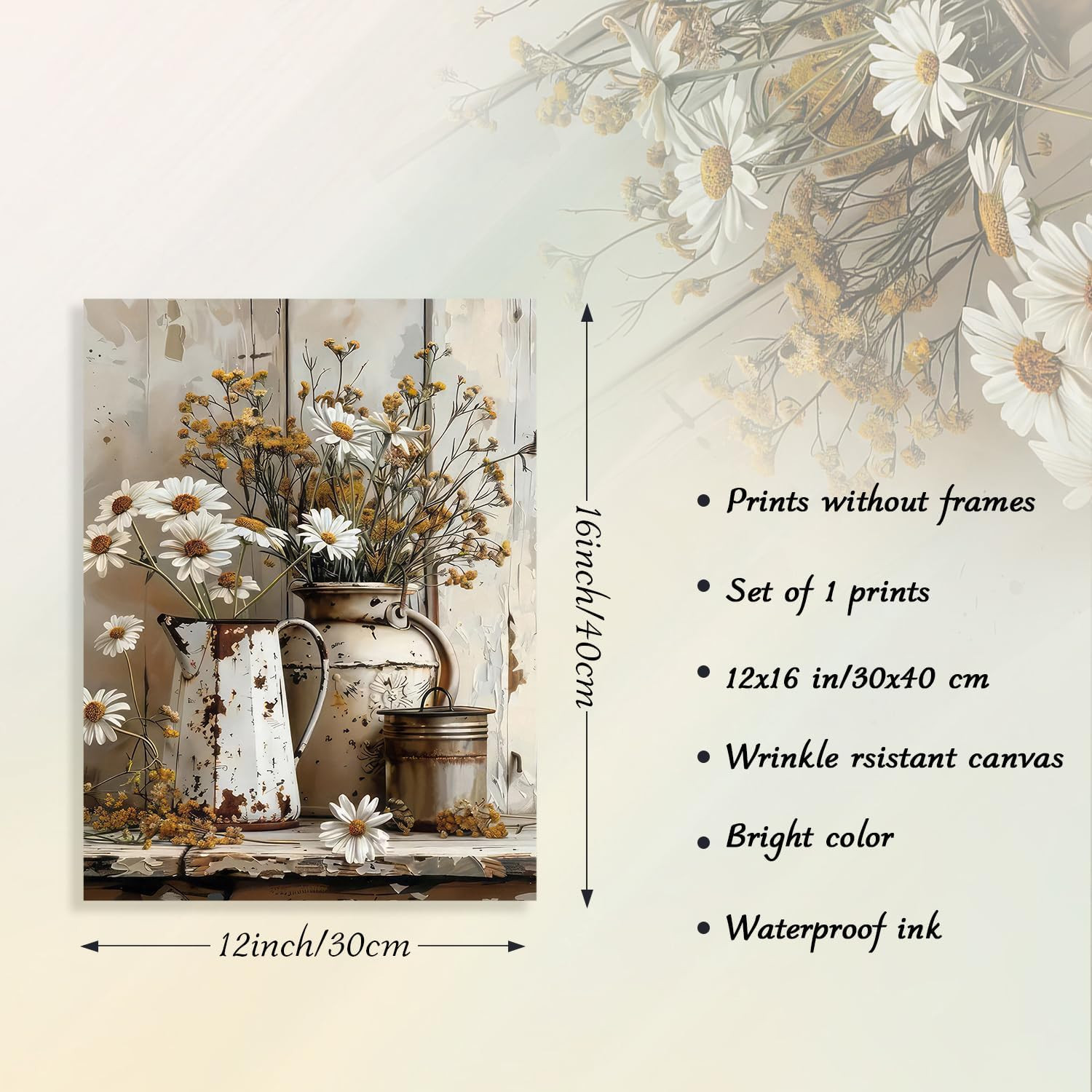 Rustic Daisy Wall Art Farmhouse Bathroom Wall Decor Vintage Country Canvas Wall